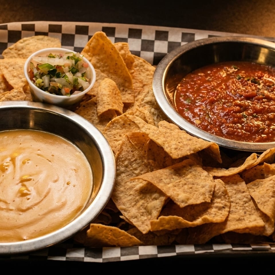 A tray of tortilla chips with bowls of queso, salsa, and pico de gallo.