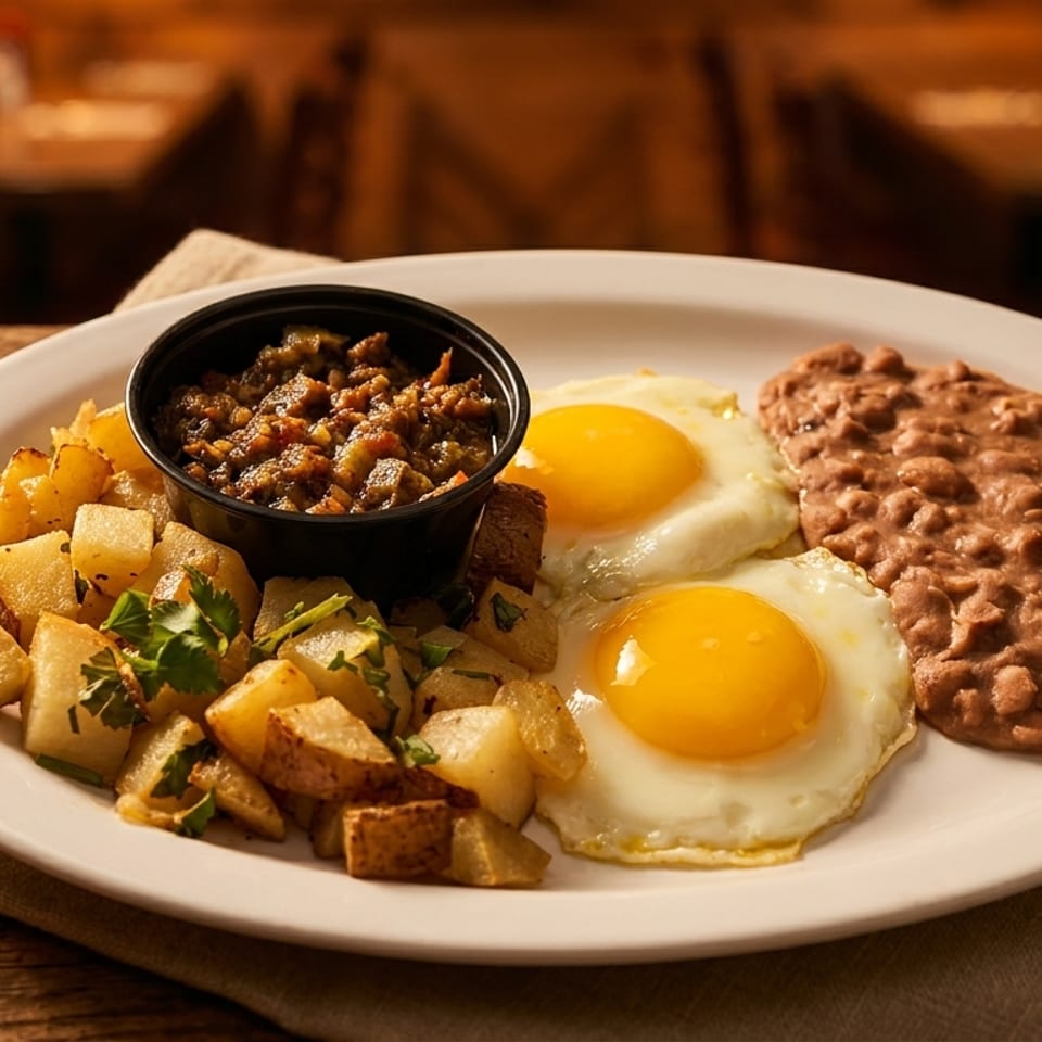 Hearty breakfast plate with two fried eggs, refried beans, seasoned potatoes, and a side of salsa.
