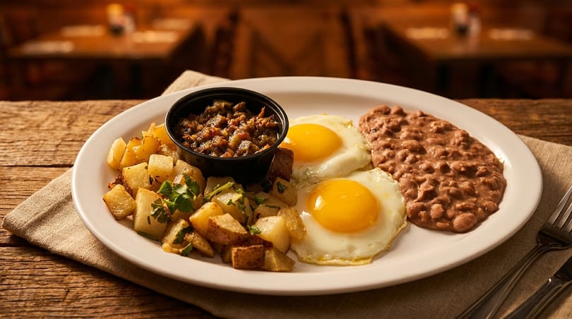 Hearty breakfast plate with two fried eggs, refried beans, seasoned potatoes, and a side of salsa.