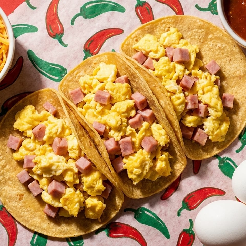Three breakfast tacos with scrambled eggs and ham, alongside salsa, cheese, and raw eggs.