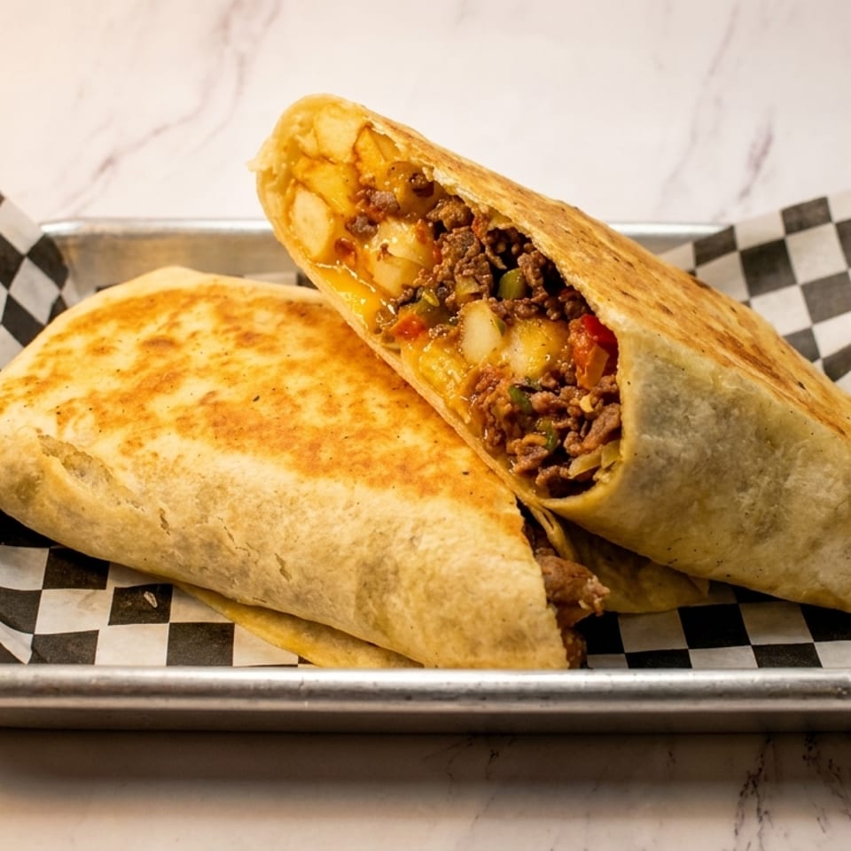 Two burritos, one cut open to show a filling of ground meat, potatoes, and vegetables.
