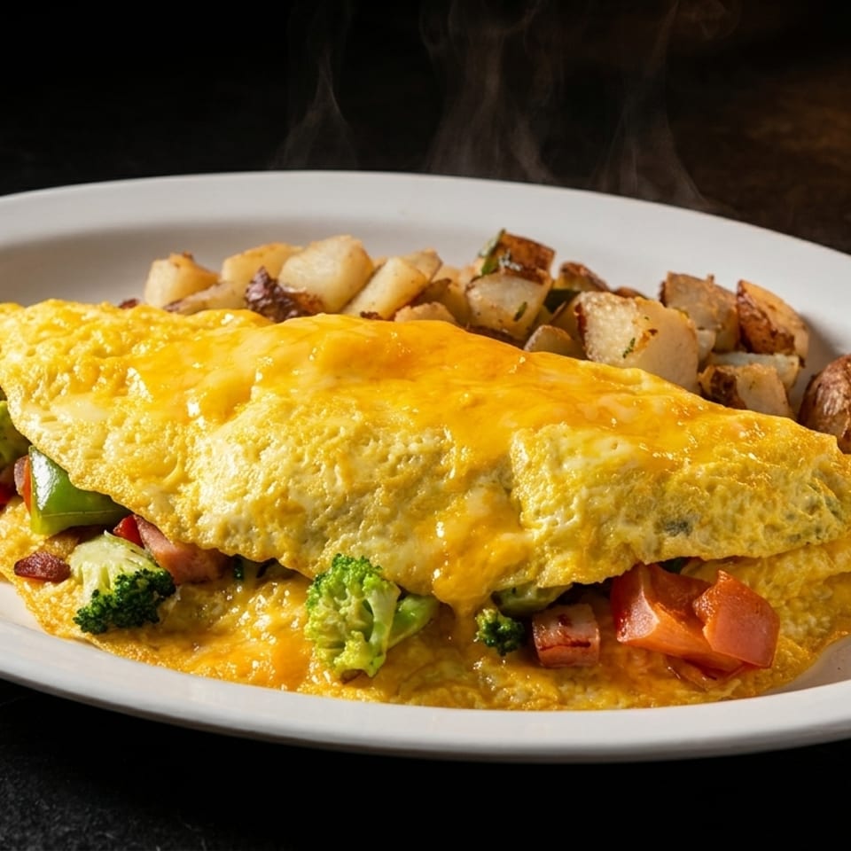 Steaming omelet with cheese, broccoli, and peppers, served with roasted potatoes on a white plate.