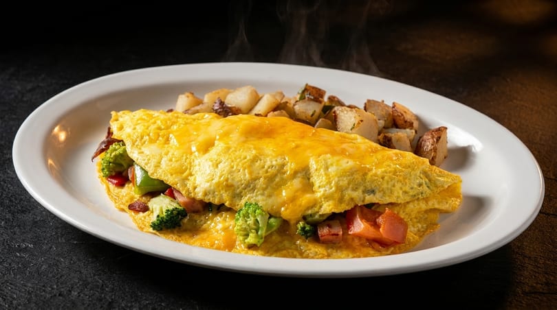 Steaming omelet with cheese, broccoli, and peppers, served with roasted potatoes on a white plate.