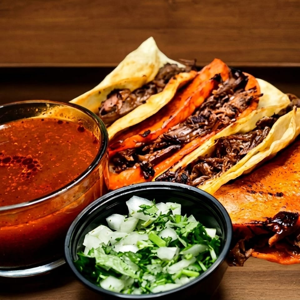 Birria tacos with consommé and a side of diced onions and cilantro on a wooden surface.