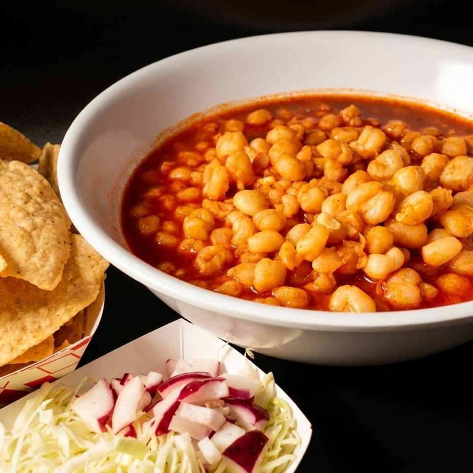 A white bowl of pozole with hominy in red broth, tortilla chips, and a side of cabbage and radishes.