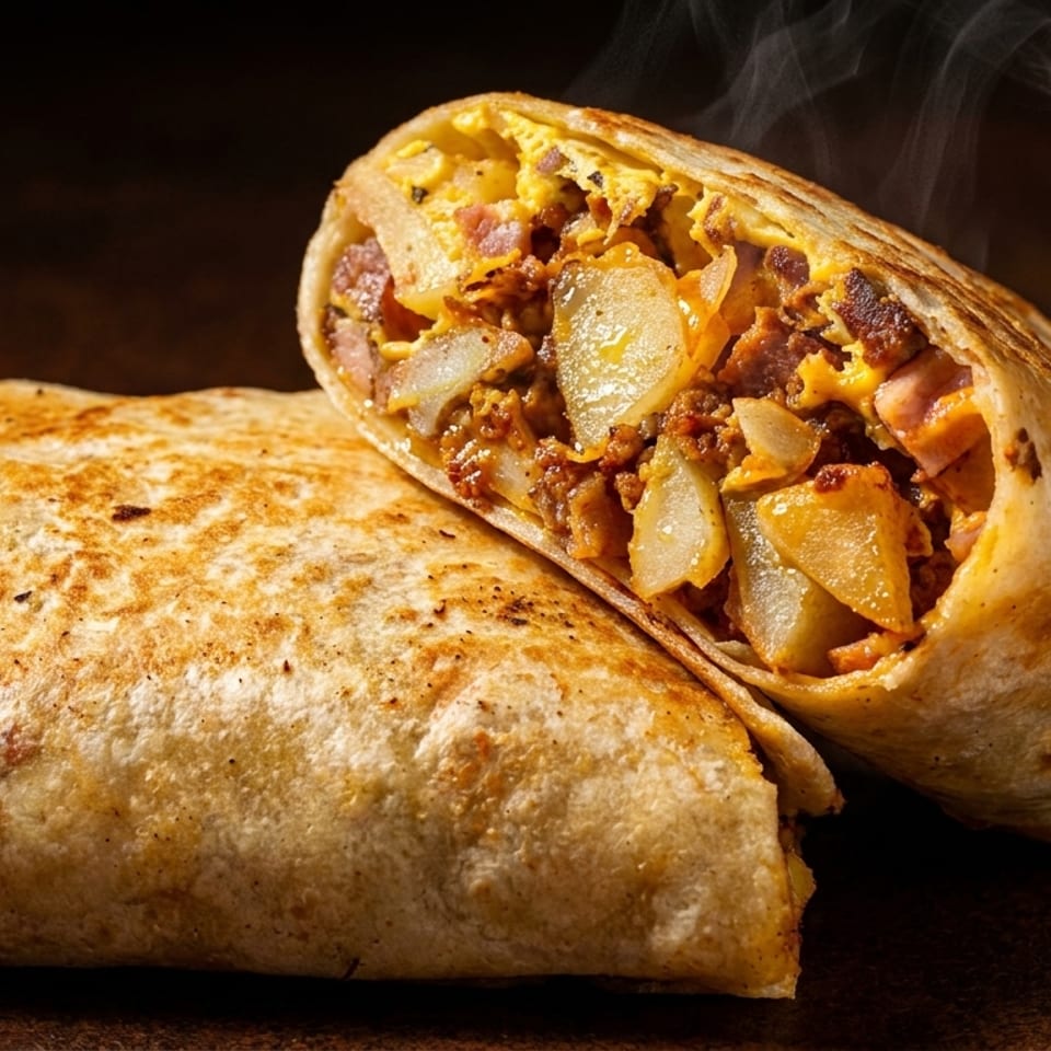 Steaming breakfast burrito, cut in half, revealing potatoes, bacon, and scrambled eggs.