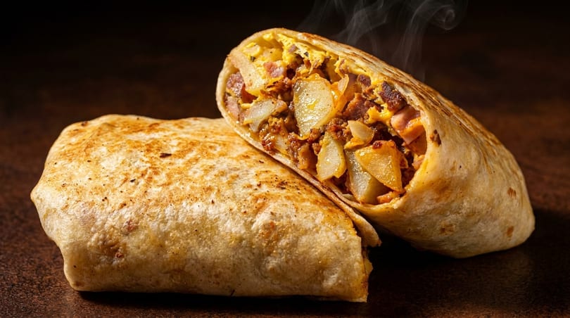 Steaming breakfast burrito, cut in half, revealing potatoes, bacon, and scrambled eggs.