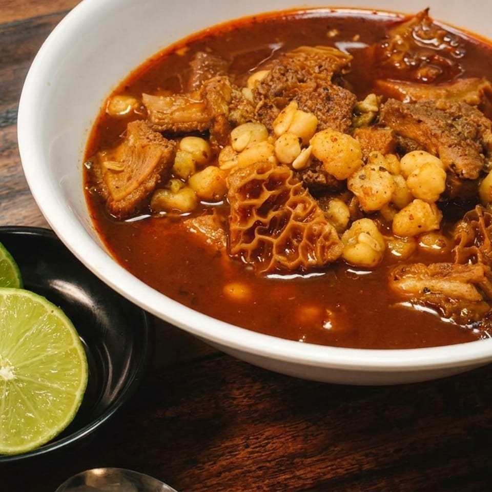 A white bowl of menudo with hominy and tripe in a rich red broth, next to lime wedges.