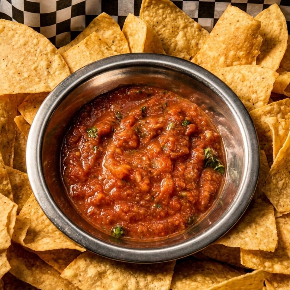 A metal bowl of chunky red salsa surrounded by golden tortilla chips on checkered paper.