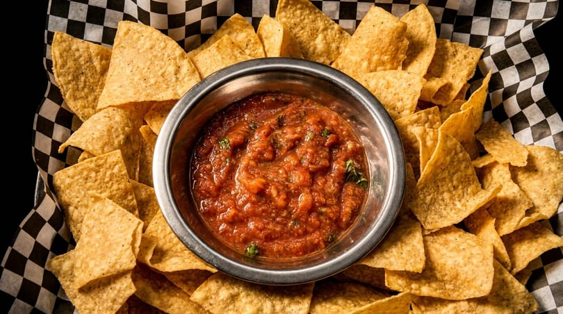 A metal bowl of chunky red salsa surrounded by golden tortilla chips on checkered paper.