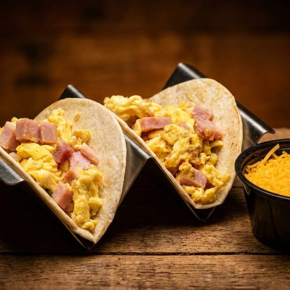 Two breakfast tacos with scrambled eggs and ham, alongside a cup of shredded cheese.