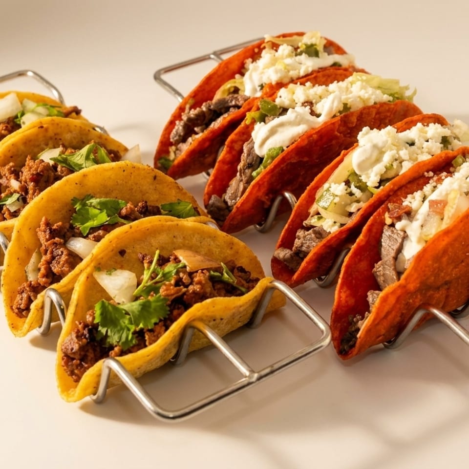 Two rows of tacos in metal stands, one with ground beef and cilantro, the other with steak and cheese.